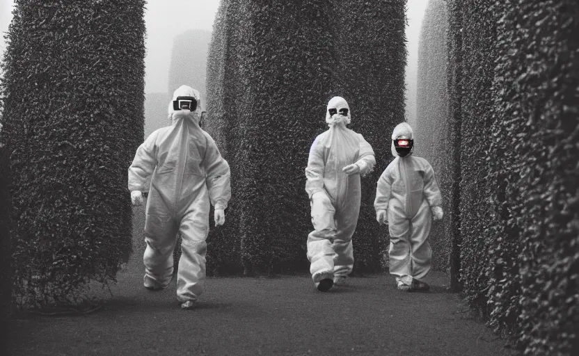 Image similar to cinestill 5 0 d photographic portrait by helen levitt of evil hazmat scientists walking through a brutalist hedge maze, extreme closeup, cinematic, modern cyberpunk, dust storm, 8 k, hd, high resolution, 3 5 mm, f / 3 2, tenet