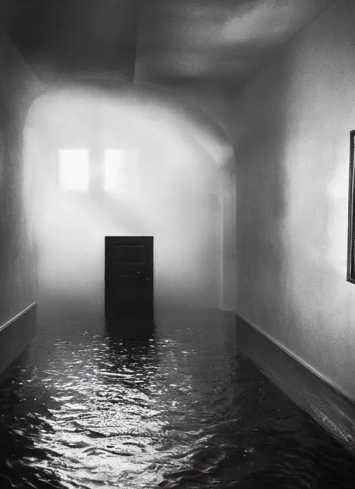 Image similar to dark water rushing out through an open door, in the style of the Dutch masters and Gregory Crewdson, dark and moody