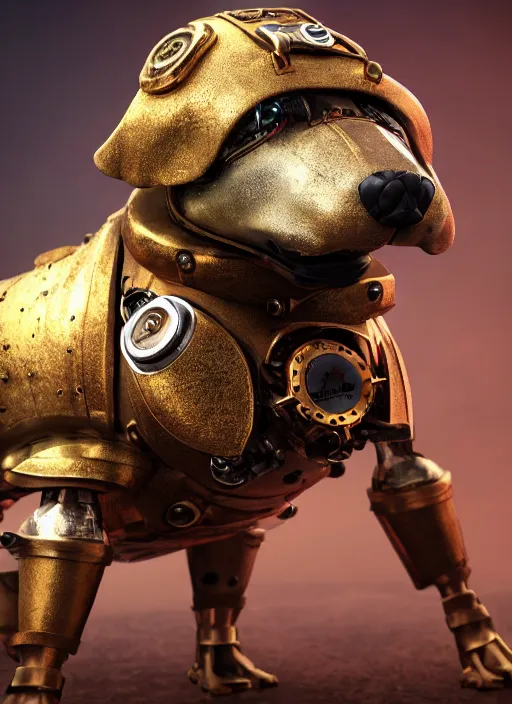 Image similar to a macro photo of amazing steampunk armored dog with ruby eyes and steam tubes legs, volumetric lightning, octane render, 4 k, hd, realistic reflections, extremely high detailed, soft lightning, trending on artstation, masterpiece, high resolution, bronze, gold, soft lightning