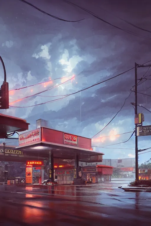 Image similar to a highly detailed matte painting of a single gas station with a sign in lightning storm and heavy rain by studio ghibli, makoto shinkai, by artgerm, by wlop, by greg rutkowski, volumetric lighting, octane render, 4 k resolution, trending on artstation, masterpiece