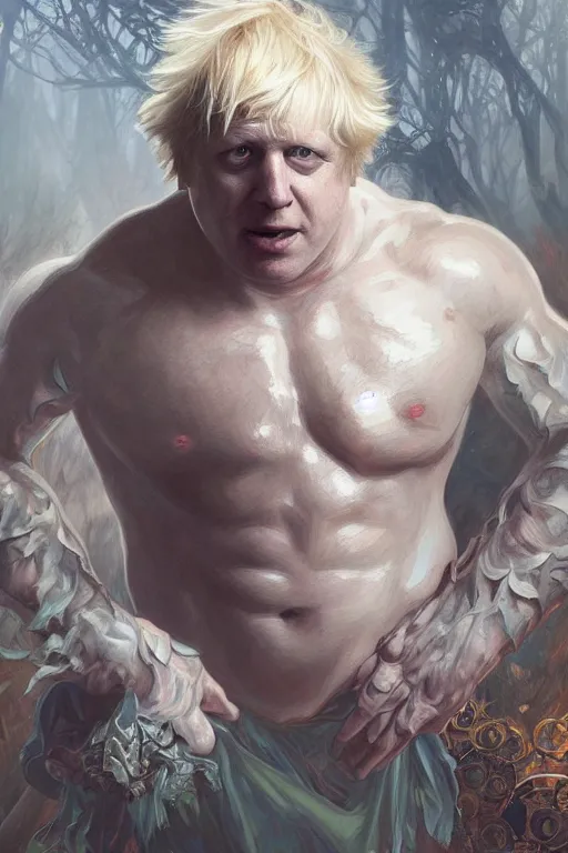 Image similar to portrait of boris johnson as a very pale hulking herculean demon, forest, godlike, full body, fantasy, intricate, elegant, highly detailed, digital painting, artstation, concept art, sharp focus, illustration, art by artgerm and greg rutkowski and alphonse mucha