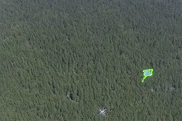Prompt: the cascadian hilltops marked with alien symbols, news footage from helicopter perspective