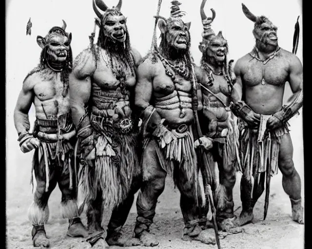 Image similar to group vintage photograph of a real fantasy warrior orc tribe, tall, muscular, armored, tribal paint, highly detailed