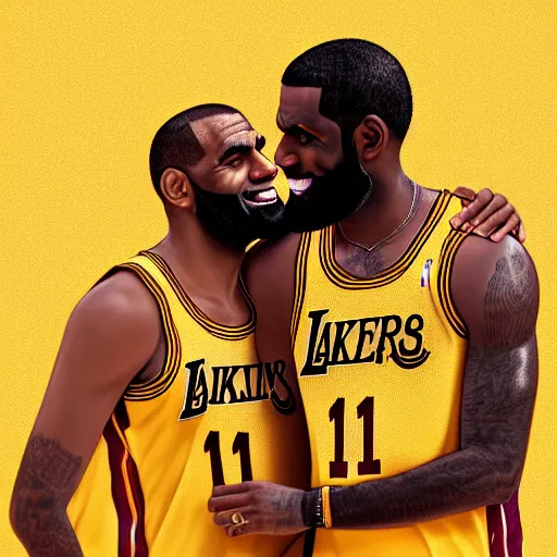 Image similar to beautiful serene intricate portrait of kyrie irving and lebron james taking a selfie, smiling softly, relaxing on the beach, golden hour, soft focus, 8 k, art by irakli nadar, hyperrealism, hyperdetailed, ultra realistic