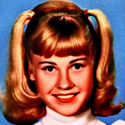 Image similar to a yearbook photo of Betty Cooper in the 1960s, she has bangs and a ponytail