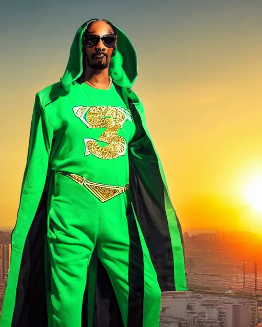 Image similar to snoop Dogg dressed as a green Superman with a marijuana logo, Long Beach background, sunset