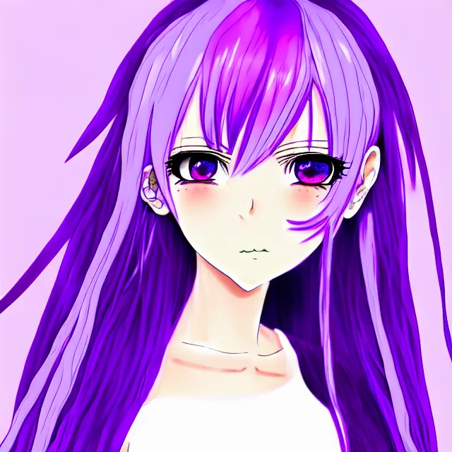 Prompt: anime girl with lavender hair, purple eyes and white dress, profile photo, digital artwork, very beautiful face, extremely detailed