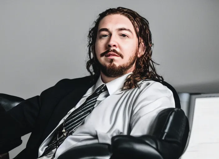 Image similar to dslr photo still of post malone as a stock broker, 8 k, 8 5 mm f 1 6