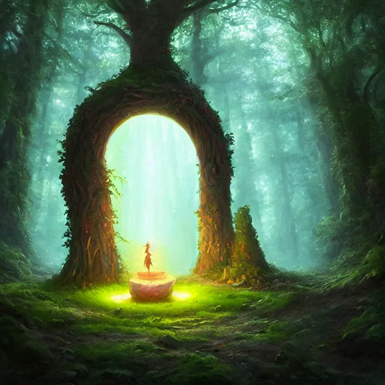 Image similar to Fantasy Magical fairy-tale glowing stone portal in the forest. Round stone portal teleport in trees to other worlds. Fantastic landscape. Magic Altar in the fores, highly detailed, digital painting, artstation, concept art, smooth, sharp focus, illustration, art by greg rutkowski