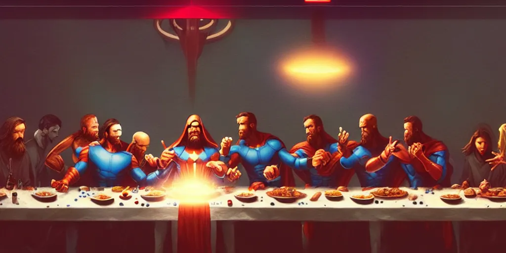 Image similar to marvel universe last supper by beeple and greg rutkowski, digital painting, trending on artstation, sharp focus, 4 k