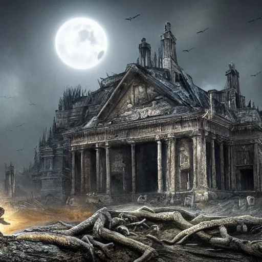 Image similar to a dramatic matte painting of the tomb in the dystopian landscape is opening through the ground, the dead has arisen under the glowing moon, dead trees and a brooding landscape by giger and dariusz zawadzki and beksinsk