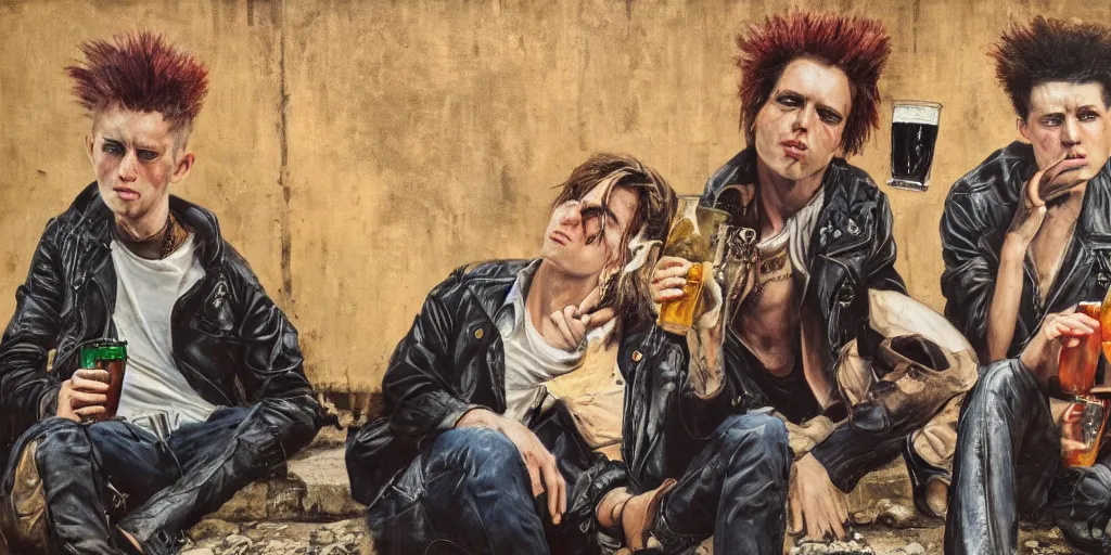 Image similar to beautiful oil matte portrait painting, 8 0 s punks sitting on top of the berlin wall drinking beer, wonderful masterpiece highly detailed, beautiful cinematic light deep focus, elegant, digital painting, smooth, sharp focus, golden ratio, dramatic illumination, ultra realistic, 8 k, art by jimmy law