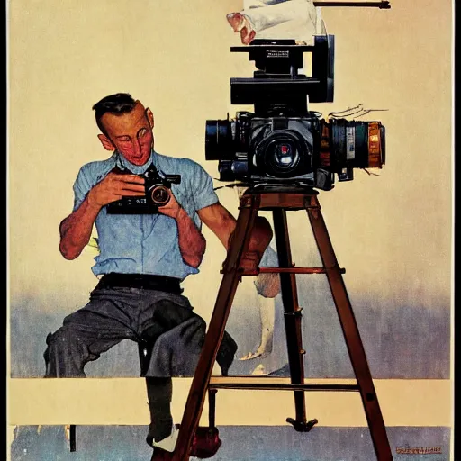 Image similar to norman rockwell painting of a television crew member holding a large television - video - camera