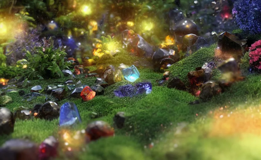 Image similar to as of the gods, which is said to have been filled with brilliance, and there was a garden there made entirely of precious stones, close up bokeh hiperrealistic, high detailled, darkness dramatic, sharp focus, octane render, imax