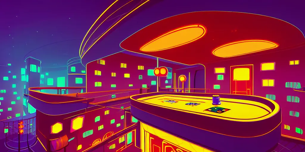 Image similar to minimalistic extreme wide angle curved perspective digital art of indoor top floor of a casino with a balcony to the ground floor by anton fadeev from nightmare before christmas