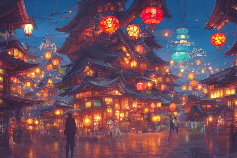 Prompt: fantasy art of a japan town at night, filled with glowing goldfish lanterns, by makoto shinkai, highly detailed digital art, trending on artstation