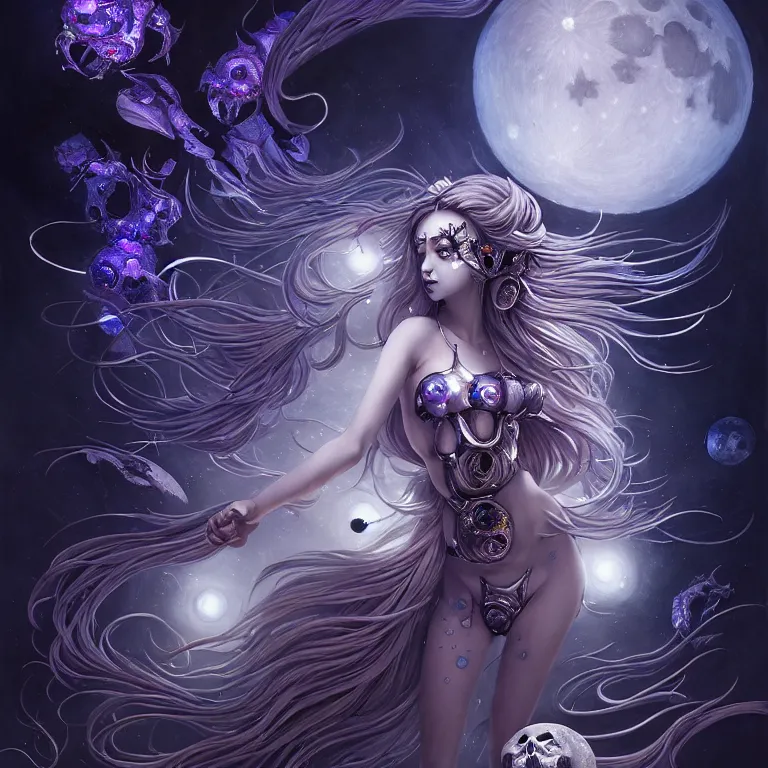 Prompt: skewed in the void sparkels, by ketner jeremiah and cgsociety. stunning luna goddess of personification of the moon by hironaka, harumi, insanely detailed, artstation, space art. sparkling flower fractules surrounded by skulls and robots deep under the sea, horror, fantasy, surrealist painting, by gores derek griffiths carne