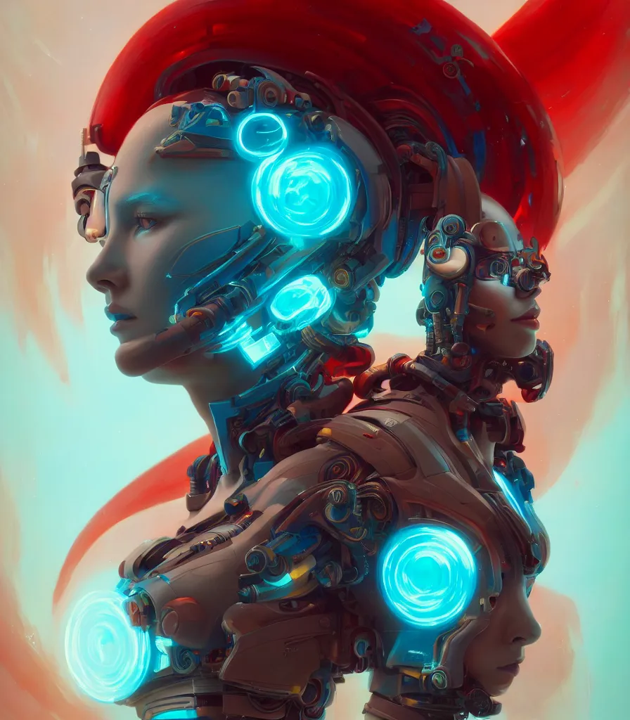 Prompt: a beautiful painting a portrait of cyborg angel, symetrical scene, symetric character, wires, fractal, trending in artstation, octane render, red and cyan, 8 k, by peter mohrbacher, zaha hadi