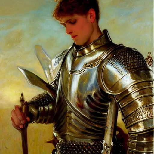 Image similar to attractive fully clothed arthur pendragon confesses his love for his attractive fully clothed male knight. highly detailed painting by gaston bussiere and j. c. leyendecker 8 k