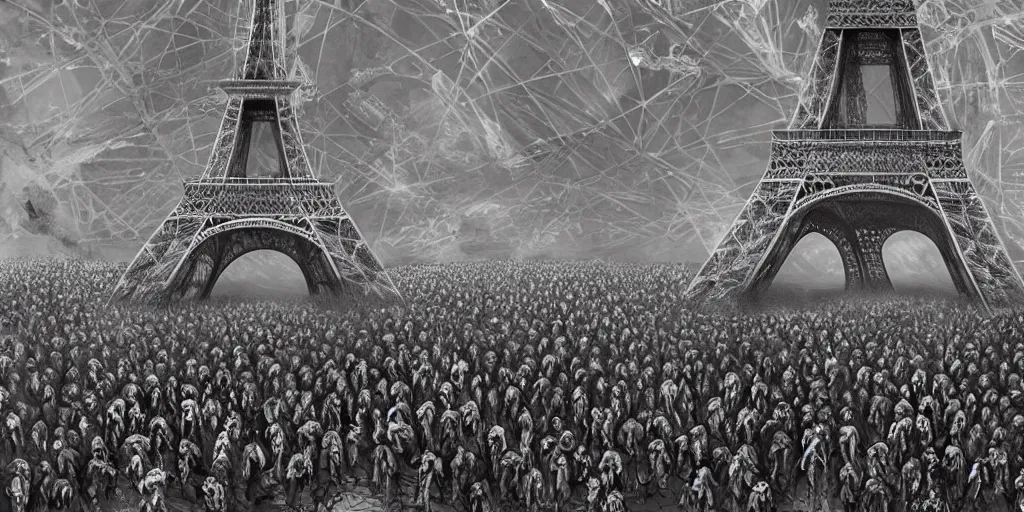 Prompt: a massive wave of zombies cimbing the eiffel tower, wide angle, super highly detailed, professional digital painting, artstation, concept art, smooth, sharp focus, no blur, no dof, extreme illustration, Unreal Engine 5, Photorealism, HD quality, 8k resolution, cinema 4d, 3D, beautiful, cinematic, art by artgerm and greg rutkowski and alphonse mucha and loish and WLOP