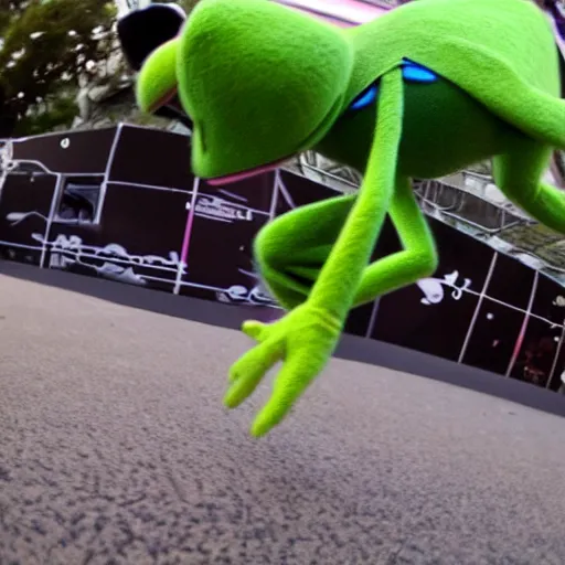 Image similar to kermit the frog doing a sick kickflip, fisheye lens, hd, 4 k, cinema definition, award winning details,