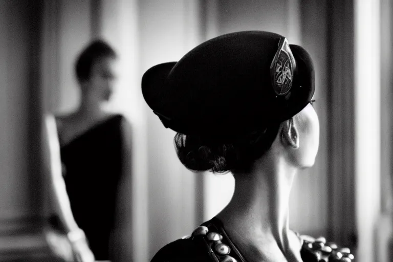 Image similar to cinematography closeup portrait of a beautiful woman cop talking to her shoulder radio in an decadent mansion foyer by Emmanuel Lubezki