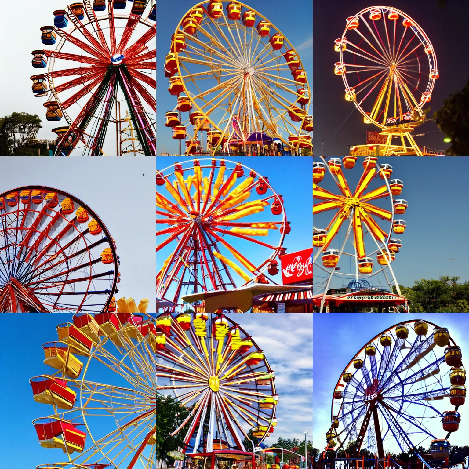 Prompt: a ferris wheel with french fries on it