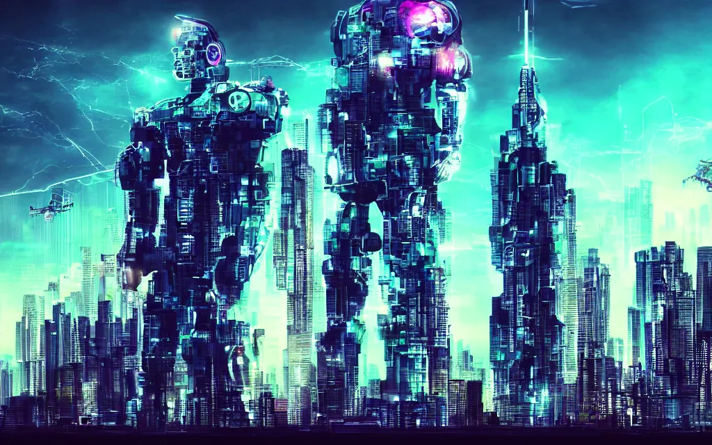 Prompt: cyborg in colossal tower data storage style cyberpunk retrowave william gibson high detalied realistic photo widescreen