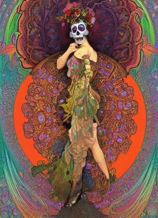 Image similar to realistic detailed psychedelic poster art of a cute fractal Día de los Muertos girl dancing by Victor Moscoso Rick Griffin Alphonse Mucha Ayami Kojima Amano Charlie Bowater, masterpiece