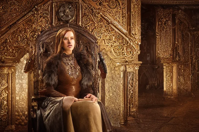 Image similar to the elder scrolls vi, charismatic regal brunette female jarl, portrait, rustic throne room, atmospheric lighting, painted, intricate, volumetric lighting, beautiful, daytime,, slight overcast weather, 4 2 0 0 k, sharp focus, deep colours, ultra detailed, by leesha hannigan, ross tran, thierry doizon, kai carpenter, ignacio fernandez rios