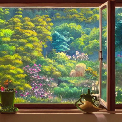 Image similar to an oil painting of a studio ghibli meadow view from a cozy window