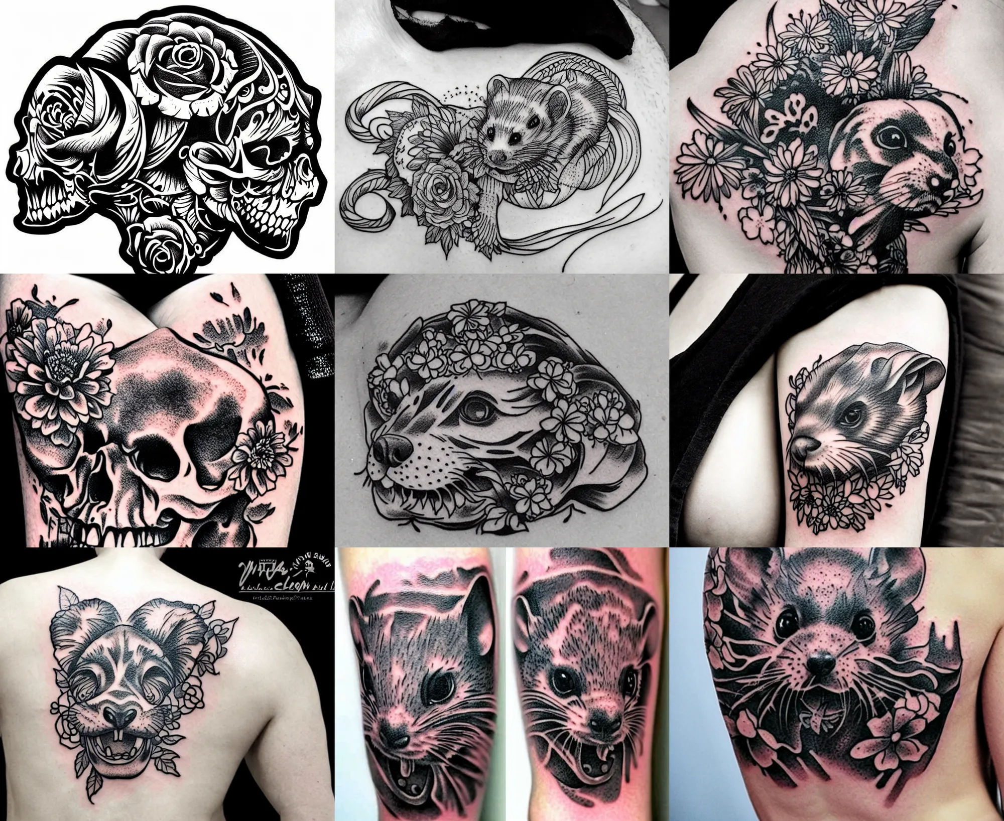 Image similar to detailed amazing tattoo stencil of a floral ferret crawling on a human skull