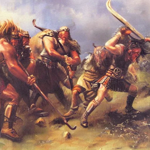 Prompt: Attacking vikings running against the camera, oil painting