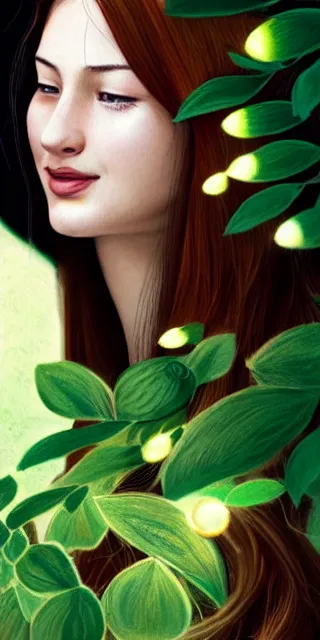 Image similar to infp young woman, smiling, amazed by golden fireflies lights, sitting in the midst of nature fully covered, long loose red hair, intricate linework, green eyes, small nose with freckles, oval shape face, realistic, expressive emotions, dramatic lights, spiritual scene, hyper realistic ultrafine art by cecco del caravaggio and artgerm