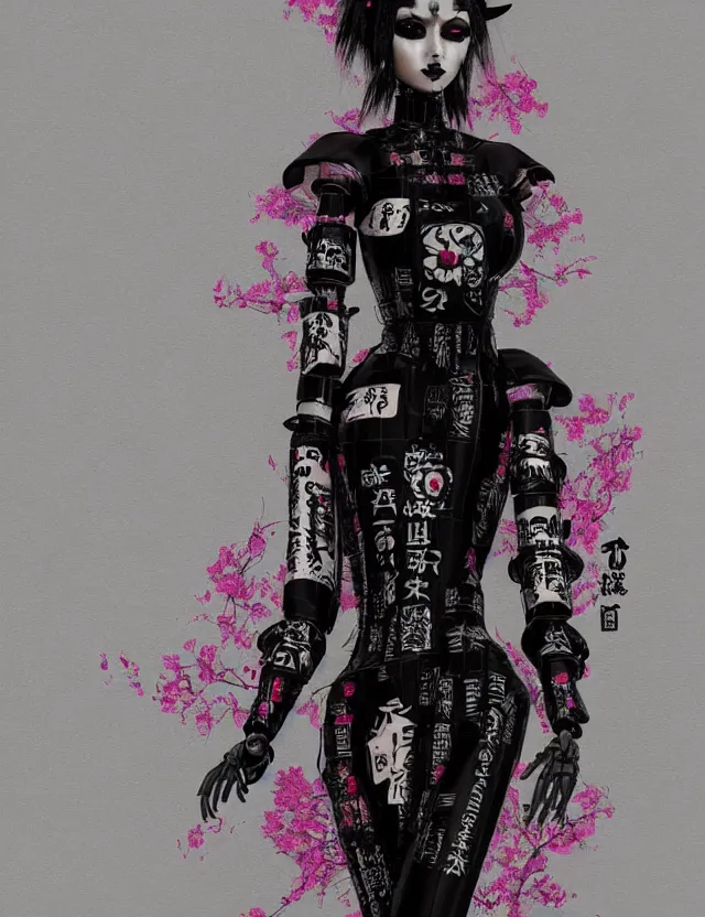 Image similar to full body portrait of a gothic style punk geisha robot with kanji tattoos and decals wearing a digital pixelated kimono, intricate design, photo - realistic, octane render, dark colour palette, ultra fine detailed, character design, trending on artstation