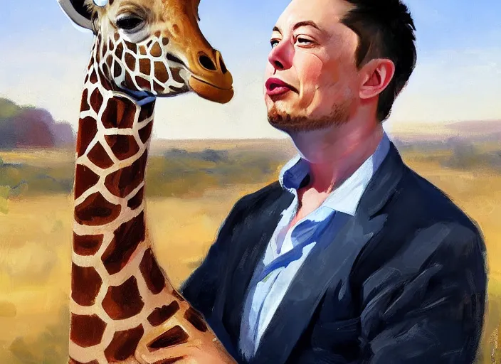 Image similar to a highly detailed beautiful portrait of elon musk with a giraffe, by gregory manchess, james gurney, james jean