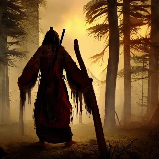 Prompt: shaman behind bonfire twilight hyper realistic cinematic art 4 k great view high quality