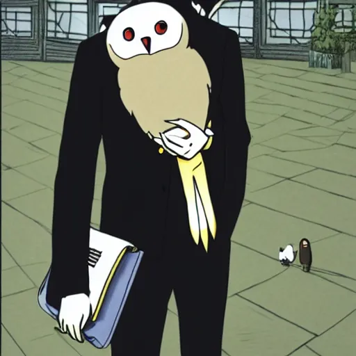 Prompt: barn owl in a black suit wearing an office bag going to the office,drawn by Hayao Miyazaki , highly detailed,anime, anime shot,anime colours, inspired by My Neighbor Totoro 1988,cell shading