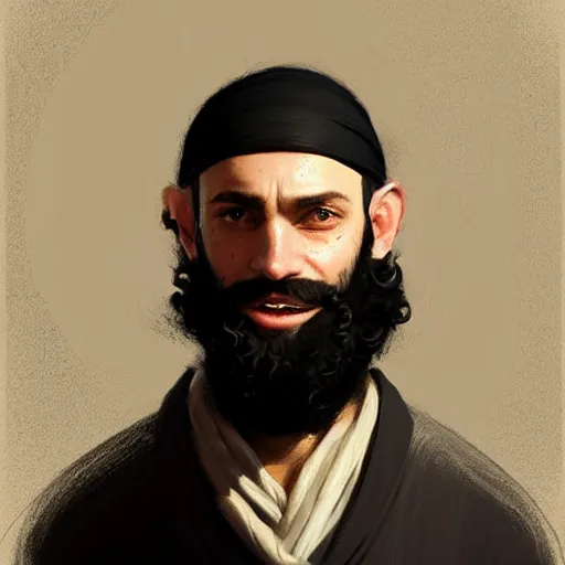 Image similar to a happy merchant jew wearing kippah!!!, rubbing hands!!!, evil, tricky, black curly beard, black curly hair, black eyes, hooked nose, by greg rutkowski, artstation, by artgerm, by wlop