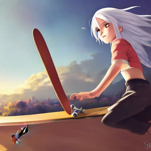 Prompt: Ciri on a skateboard, by Makoto Shinkai