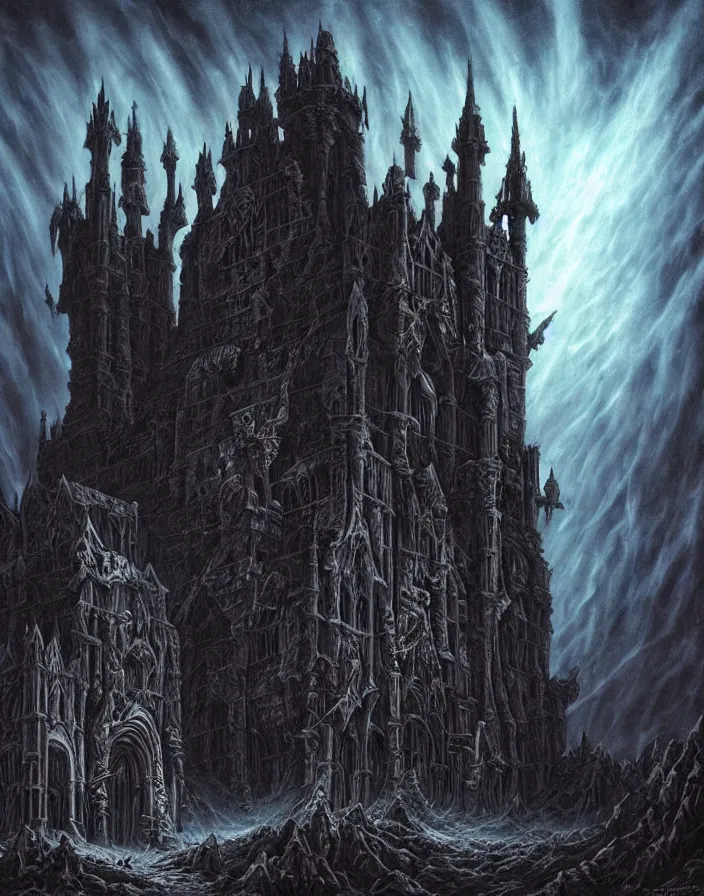 Image similar to a dark gothic castle made of skulls and bones and skeletons, tall spires, epic nebula, Dan Seagrave art