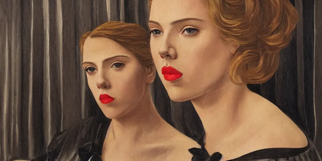 Image similar to Scarlett Johansson in a painting by Paul Delvaux