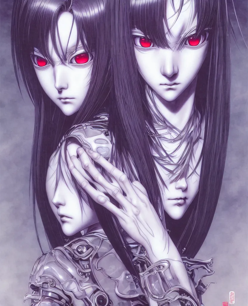 Image similar to symmetrical. realistic detailed image of anime portrait, realistic detailed male character, rei ayanami, depth perception, masterpiece, depth of field, gothic, digital art. art by yoshitaka amano, by yukito kishiro, by yoshiyuki sadamoto, by artgerm, by hajime sorayama