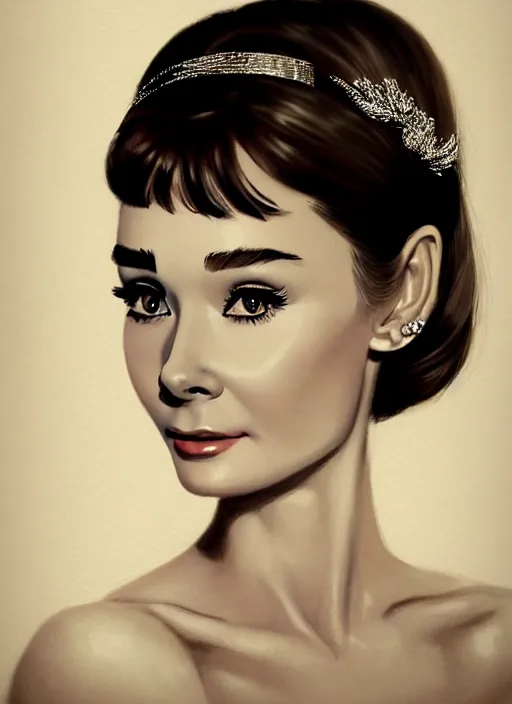Prompt: portrait of audrey hepburn with bangs, 1 9 6 0 s, long hair, white hairband, bangs, intricate, elegant, glowing lights, highly detailed, digital painting, artstation, concept art, smooth, sharp focus, illustration, art by wlop, mars ravelo and greg rutkowski