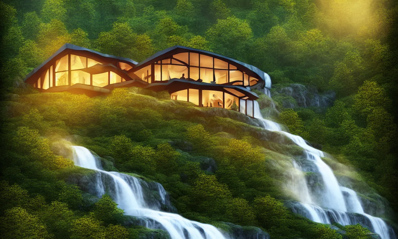 Image similar to scandinavian house in the forest on a hill, by artgerm, vector style, waterfall flows down from the mountain, vector art, fabulous, global illumination, warm lighting