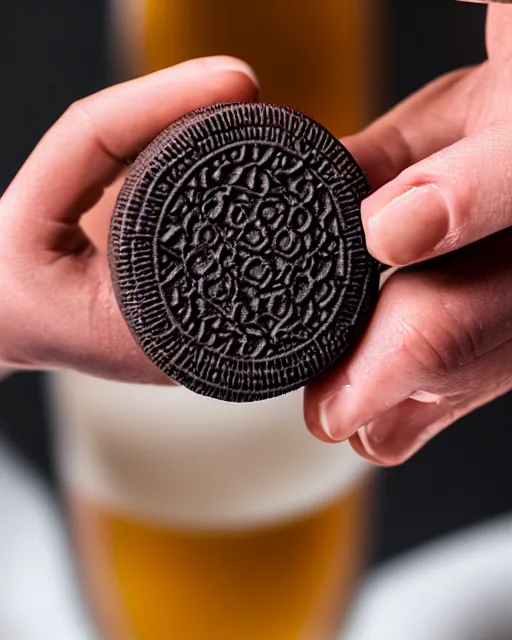 Image similar to dlsr food photograph of a hand dipping an oreo in beer, bokeh, studio lighting, 5 0 mm f 1. 4