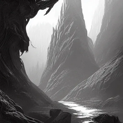 Prompt: fantasy landscape, vector art by greg rutkowski, b & w