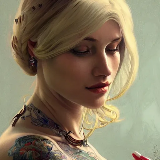 Image similar to ultra realistic illustration, a hot and beautiful tattooed blonde slavic woman in her 3 0's, intricate, elegant, highly detailed, digital painting, artstation, concept art, smooth, sharp focus, illustration, art by artgerm and greg rutkowski and alphonse mucha