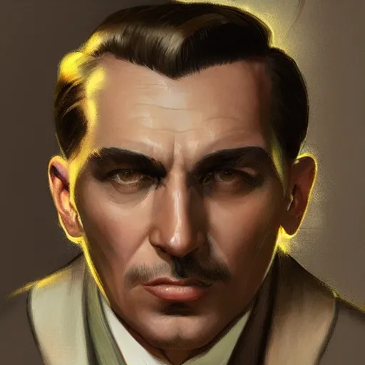 Image similar to 1930s mobster, painted character portrait, highly detailed, digital painting, artstation, concept art, sharp focus, illustration, art by artgerm and greg rutkowski and alphonse mucha