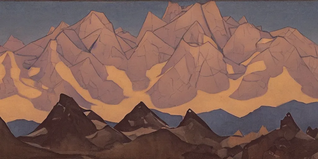 Prompt: At the Mountains of Madness, oil on canvas, by Nicholas Roerich